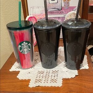 Starbucks Pink, Red and Green & Black Faceted Reusable Tumblers